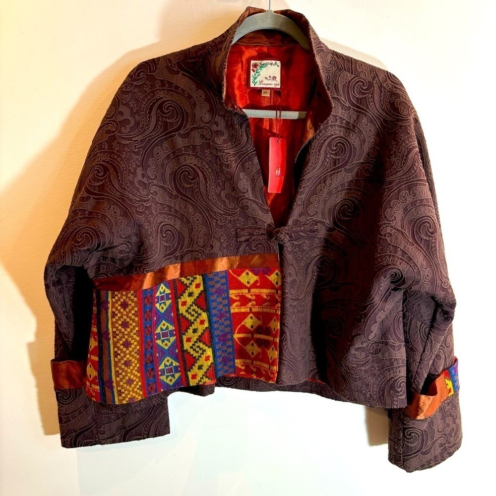 SISSY ME Sz M Blazer Cropped Oversized Mixed Media Lined Boxy Brocade Jacket